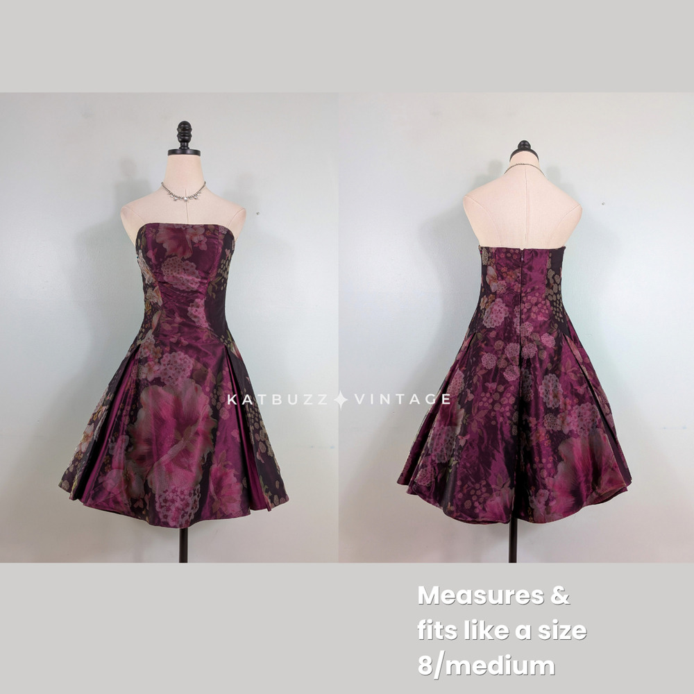 Y2K Prom Dress Mini Gown 6 Purple Black Goth Princess Floral Strapless Glam Ball